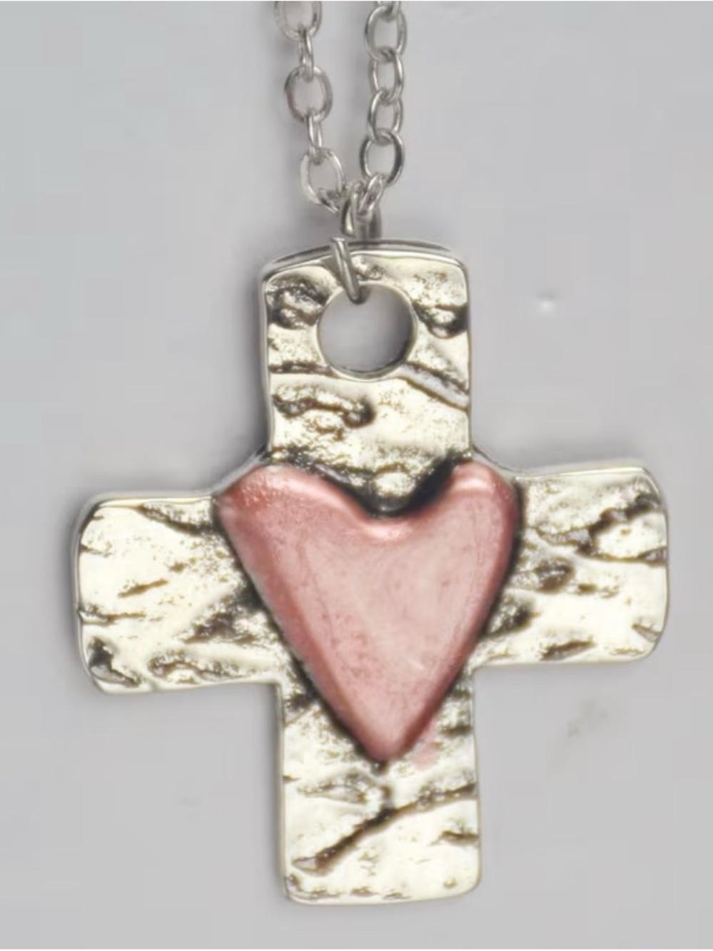 Silver Cross Necklace with Pink Heart Pendant